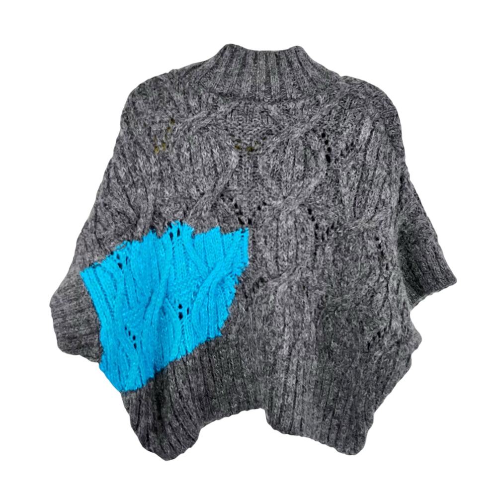 Zara Gray Colorblock Cable Knit Mock Neck Poncho Sweater Size Medium - Picture 5 of 9